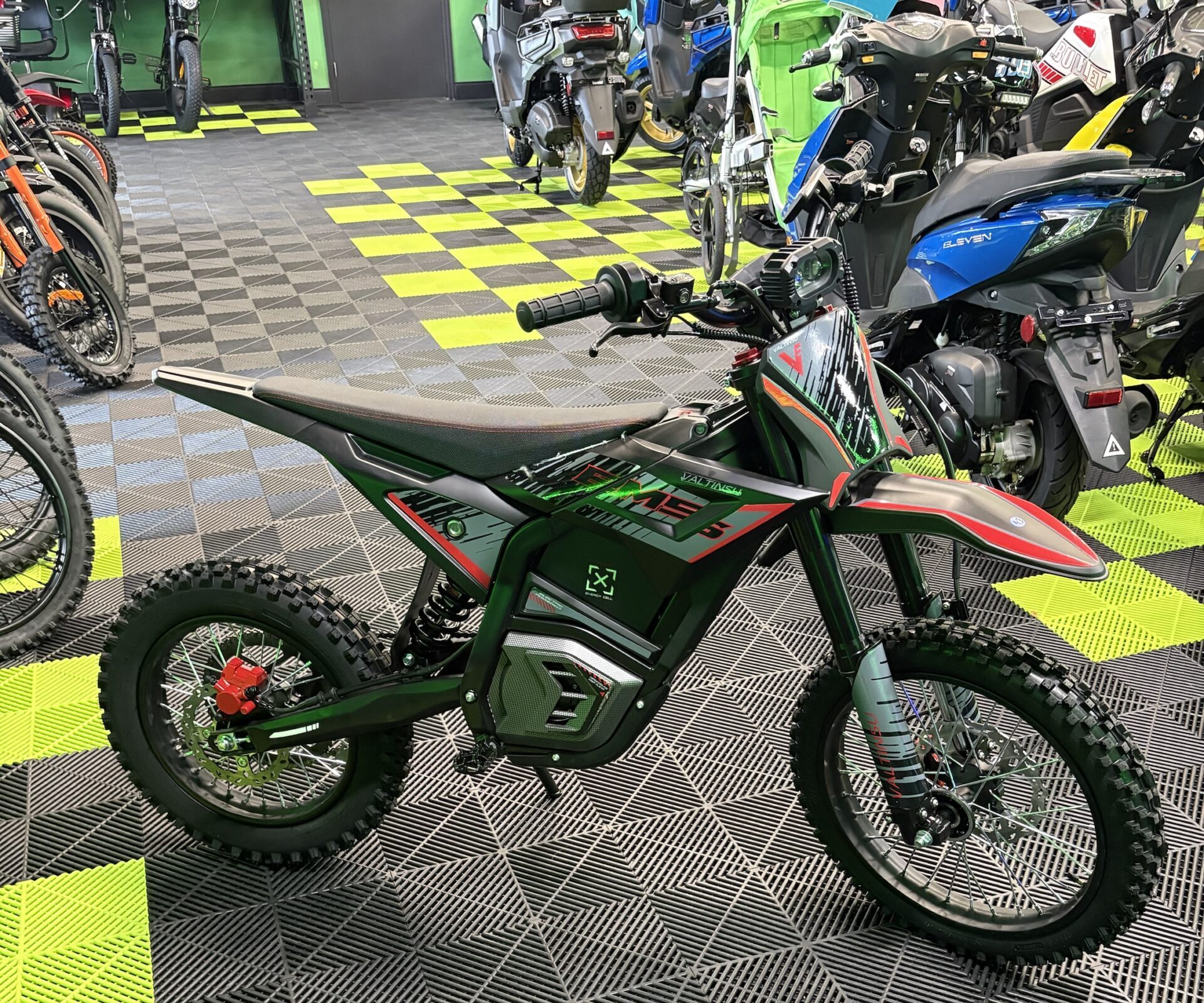 Electric dirt bike in showroom
