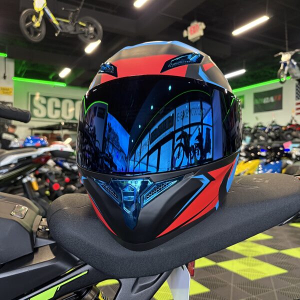 Colorful motorcycle helmet on display