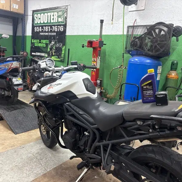 Triumph Tiger motorcycle prepared for an oil and filter change at Scooter Ave